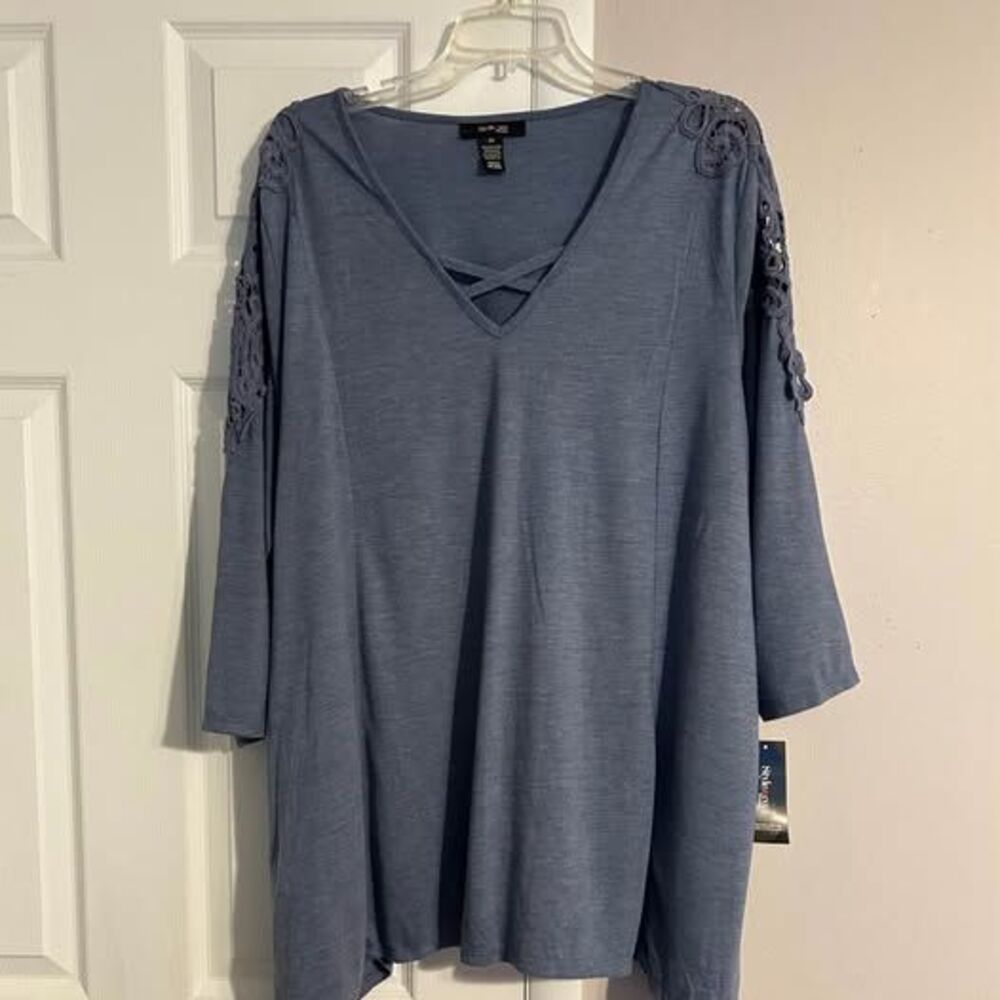 Style & Co Woman 3X Blue Lace Shoulder V Neck Tunic Top NWT Plus Size